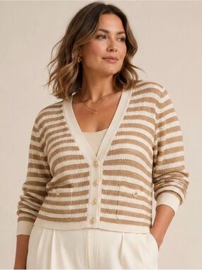 Talbots Striped Boucle Knit V-Neck Cardigan Sweater NWT Size M Metallic Shimmer